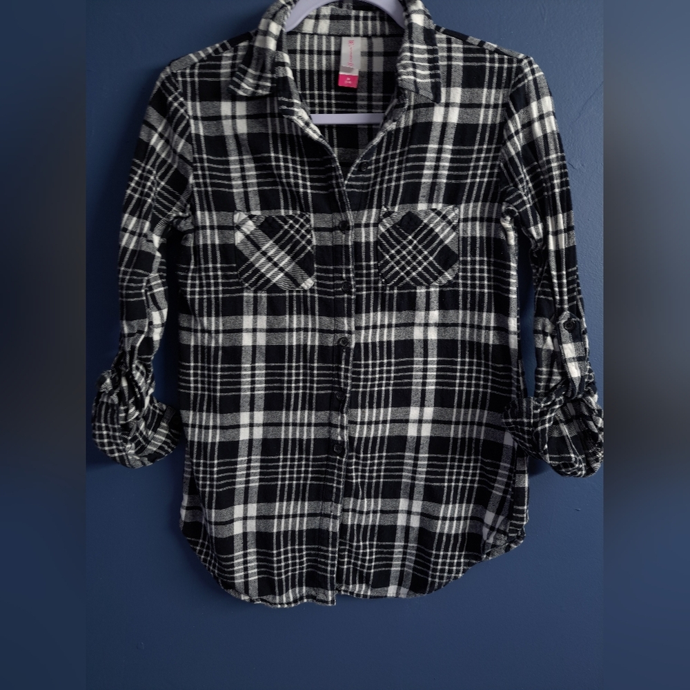 Plaid Button-Up Shirt - Black and White
